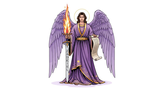 Archangel Zadkiel stands powerfully robed in purple holding a flaming sword and sacred scroll radiating divine light
