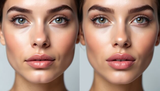 Woman face comparison before, after lip enhancement procedure. Female gets plumper full lips with hyaluronic acid dermal filler injection. Collage shows cosmetic result of plastic surgery