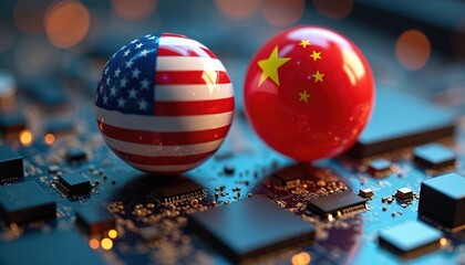 US, China flag spheres glow on detailed computer circuit board. Visualizes intense global tech competition, ongoing trade war tensions. Major nations vie for digital economy dominance, semiconductor