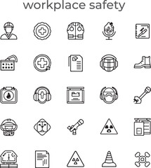 Job safety icon pack collection set for occupational health and safety management. With hard hat, safety vest, goggles, gloves, ear plug, steel boot, fire extinguisher, first aid, 
