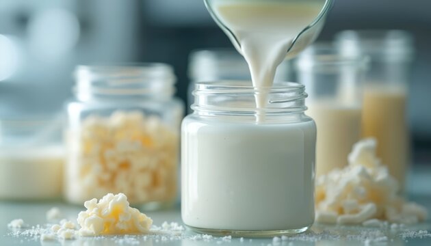 Pouring milk into glass jar for making kefir yogurt. Cultured dairy product preparation with probiotic starter. Food science research, fermentation process, quality control concept in lab. Healthy