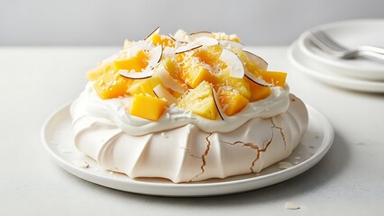 Elegant Pavlova Dessert with Fresh Fruits in Gourmet Editorial Style