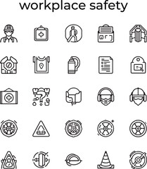 Work safety icon set with hard hat, risk management, first aid kit, ear protection, workplace security, CCTV, regulation, safety training, hazard, and more.
