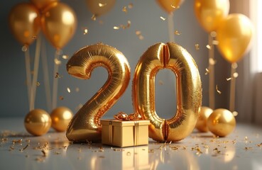 Golden balloons spell number twenty next to gift box. Confetti falls on surface creating festive mood. Shiny gold celebration with party balls and ribbon wrap.