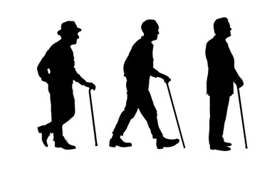 Set of elderly men silhouettes walking with a cane, various poses