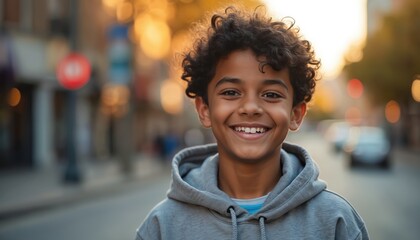 Happy teenage boy smiles outdoors. The young man with curly hair wears a hoodie. Portrait of cheerful guy stands on the street during golden hour.