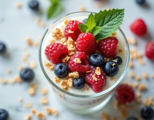 Yogurt parfait includes fresh raspberries blueberries granola and mint leaf in glass. Tasty dessert or healthy layered breakfast meal. Vegan snack for dieting. Nutrition concept on white marble.