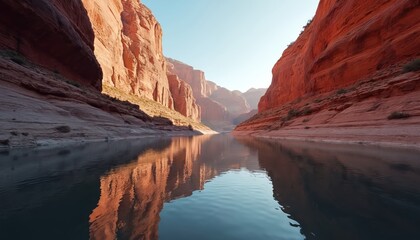 Wide river flows through deep canyon with massive orange rock walls. Sunlight reflects on water surface, sky clear and blue. Scenic landscape offers amazing natural beauty.