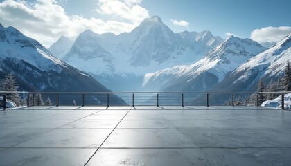 Fototapeta premium Wide view from concrete terrace to snow covered mountains. Tall fir trees grow on hillsides under blue sky with clouds. Sunlight shines on winter landscape.