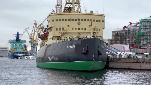 ST. PETERSBURG, RUSSIA - November 15, 2025: View of the old icebreaker Krasin on a frosty November day. Currently, the icebreaker, which was used in the polar regions, is a museum located on the Neva 
