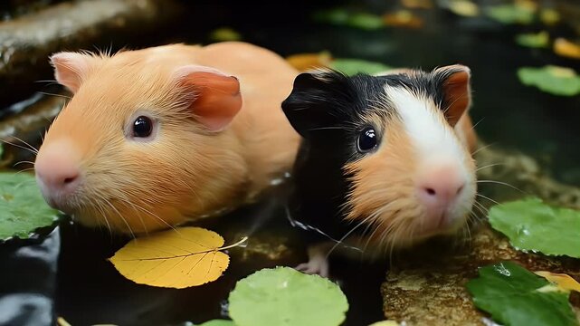 Two Guinea Pigs Enjoying a Relaxing Day in the Pond.