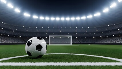A soccer ball sitting on the green field in a stadium at night under bright lights. The goal stands in the background