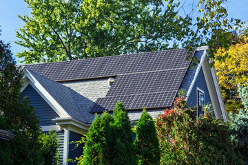 Eco-friendly house powered by solar energy surrounded by lush vegetation in Boston, Massachusetts, USA  © Baharlou