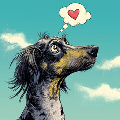 Spaniel Dog thinking about love / Red Heart in a Thought Bubble 