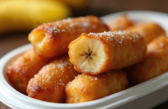 Deep fried saba bananas wrapped in spring roll pastry, sprinkled with sugar. Golden brown crispy dessert with soft banana inside. Delicious sweet treat from Asia.