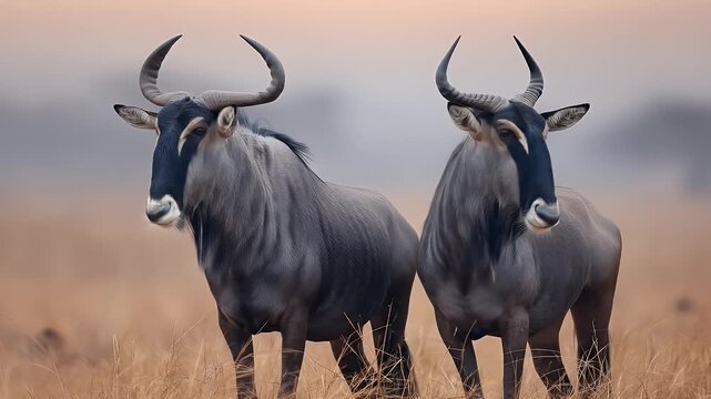 Two majestic wildebeest in their natural habitat, standing in a field.