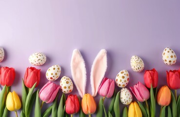 Easter themed photo features bunny ears eggs and tulips. Colorful spring composition on a lilac backdrop. Holiday design with flowers eggs and rabbit ears. Top view shot perfect for greetings.