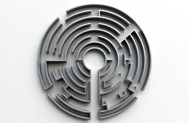 Obraz premium Overhead view shows a circular maze on white backdrop. Shiny gray metal maze illustration. Concept design for problem solving. Perfect choice for abstract art, games or puzzles themes.