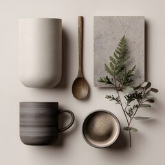 Minimalist neutral flat lay with ceramic tableware and natural elements