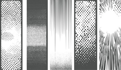 Three horizontal bands of grayscale dot patterns with varying density and size halftone texture 