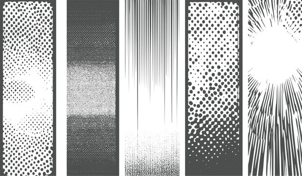 Three horizontal bands of grayscale dot patterns with varying density and size halftone texture 