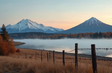 Beautiful sunrise over misty lake with snow capped mountains, volcano peak in view. Autumnal forest, dry grass field with rustic barbed wire fence in foreground. Peaceful morning countryside