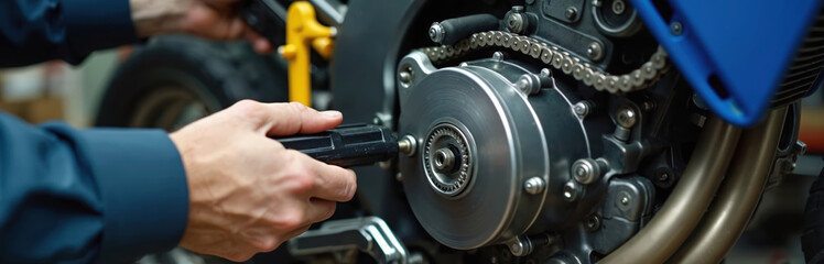 Obraz premium Experienced mechanic hands expertly work on motorcycle engine. Repairs motorbike chain, motor in professional workshop garage. Service master maintains bike, adjusts engine gear system. Worker fixes