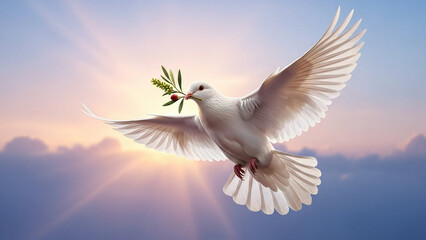 Bird carrying a tiny branch, peaceful hope symbol.