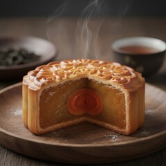 Close-up studio shot of a sliced mooncake on a black slate surface, with honey being poured over it.