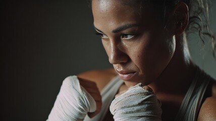 Focused Female Boxer Adjusting Hand Wraps in Intense Portrait