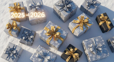 Many gift boxes on snow, decorated with ribbon and snowflake pattern, representing holidays, celebration, especially New Year 2025-2026, winter season