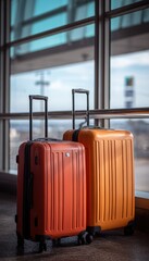 Two Suitcases on Airport Carousel with Glass Windows in Background