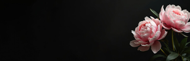 Two pink peonies with dark green foliage sit against black backdrop. Floral theme artwork shows spring blooms in elegant minimalist style. Flower heads provide delicate beauty.