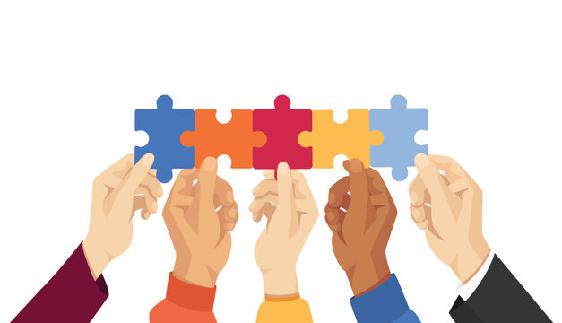 Diverse hands in different clothes holding puzzle pieces. Teamwork and collaboration concept. Isolated vector illustration.