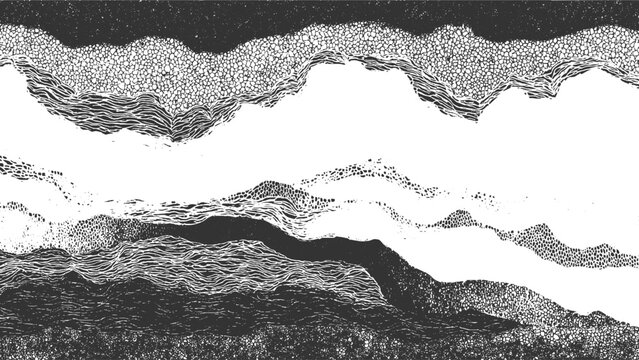 Abstract monochrome topographic map lines and textures vector Black and white abstract pattern of layered geological strata and rock textures background 
