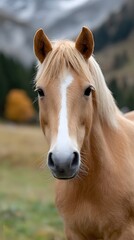 Fototapeta premium Portrait of a beautiful light chestnut horse (Haflinger) against an autumn mountain background. Nature and animals. Horse riding, agriculture, mane, calm, gaze, palomino.