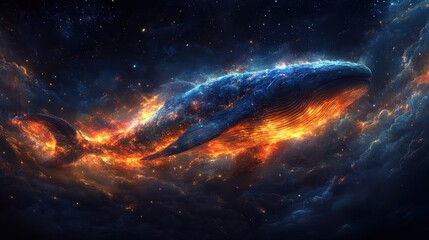 Obraz premium A majestic whale-like being with shimmering, fiery scales navigates a breathtaking cosmic ocean filled with swirling stars and vibrant nebulae. A surreal and awe-inspiring image.