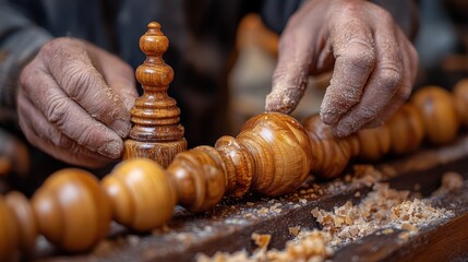 Two hands carefully working with wood, showcasing detailed craftsmanship and intricate texture. Focus on the precision and tactile quality of the woodworking process.