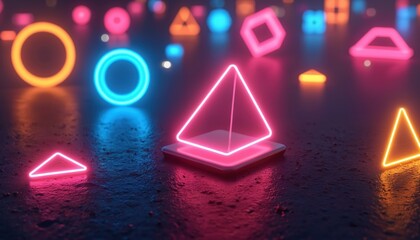 Neon shapes triangle circle square glow. Gaming icons bright background. Futuristic digital abstract art. Virtual reality game. Retro wave style.