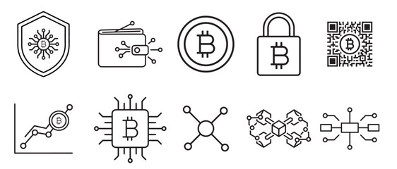 Cryptocurrency and Blockchain Technology Icon Set. Icons for Bitcoin, Wallet, Security, QR Code, Trading Chart, Mining Chip, and Digital Assets