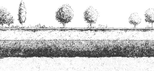 Black and white abstract textured background with horizontal layers and cracked patterns vector. cross section illustration of soil layers with grass and water vector.