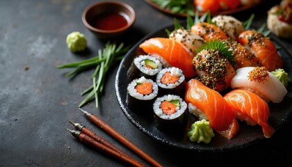 Japanese sushi set on dark plate. Assortment includes fresh salmon nigiri, maki rolls. Traditional seafood meal served with chopsticks, wasabi, soy sauce. Delicious asian cuisine from Japan ready to