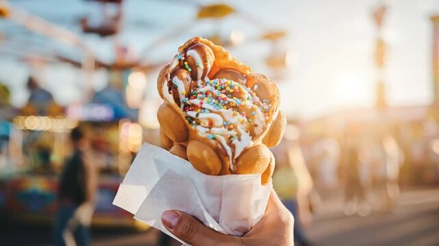 Enjoying a decadent bubble waffle treat with chocolate drizzle and colorful sprinkles in the warm sunshine at an amusement park
