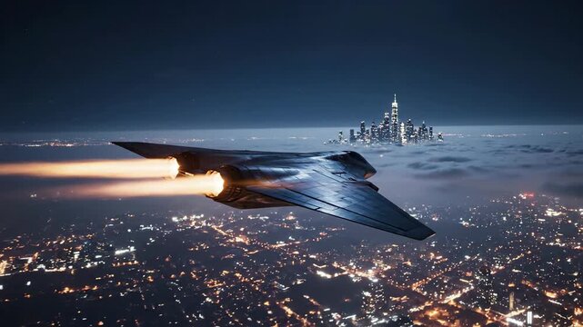 Night flight advanced jet over city skyline and urban lights powerful engine thrust