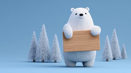 3D illustration of a cartoon polar bear holding a board. 
