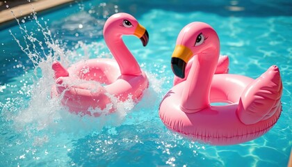 Pink inflatable flamingos bob on blue pool water. Bright sunny day creates clear splashes and ripples. Fun summer recreation at poolside with decorative pool floats.