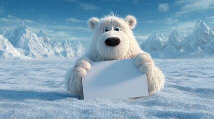 3D illustration of a cartoon polar bear holding a board. 