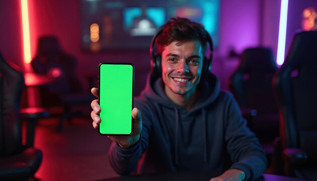 Young man with headphones holds phone with green screen in gaming room. He smiles, looking at camera, shows new app. Chroma key display, tech ad. - Powered by Adobe