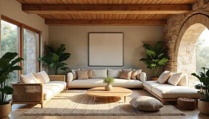 Fototapeta premium Modern living room features natural elements wood beams stone walls and large plants. Comfortable seating area with sofas and round coffee table. Open plan space filled with natural sunlight.