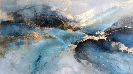 Abstract oil artwork blending gold and blue tones in expressive, flowing textures 